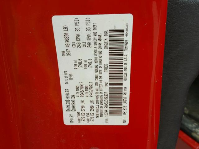 1D7HA18NX5J506397 - 2005 DODGE RAM 1500 S RED photo 10