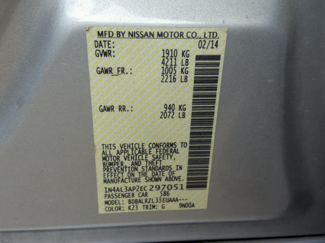 1N4AL3AP2EC297051 - 2014 NISSAN ALTIMA 2.5 SILVER photo 10