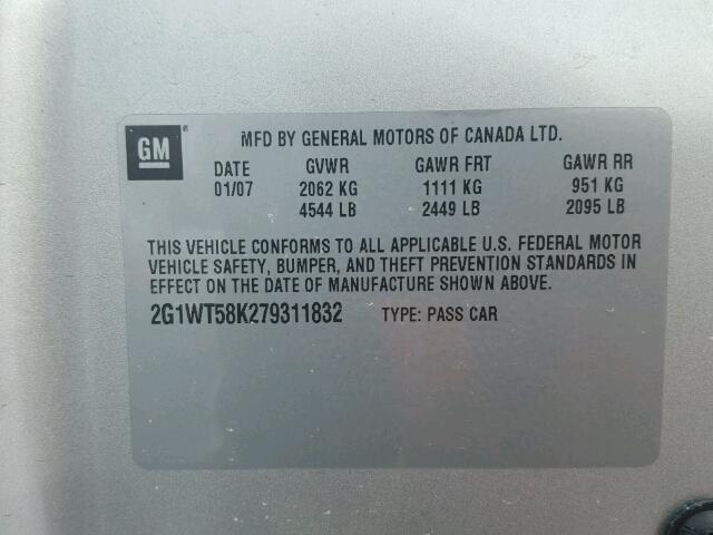 2G1WT58K279311832 - 2007 CHEVROLET IMPALA LT SILVER photo 10