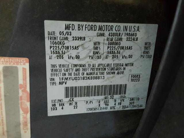 1FMYU03183KE08813 - 2003 FORD ESCAPE XLT GRAY photo 10