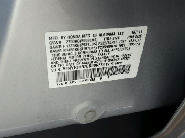 5FNYF3H57CB006273 - 2012 HONDA PILOT EXL SILVER photo 10