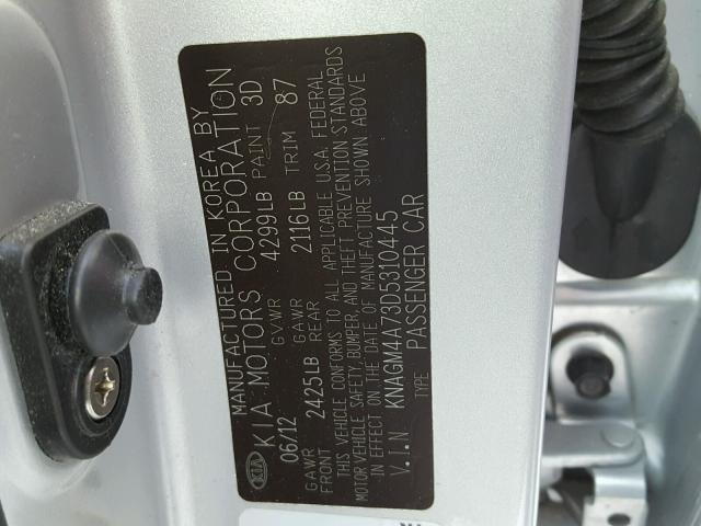 KNAGM4A73D5310445 - 2013 KIA OPTIMA LX SILVER photo 10