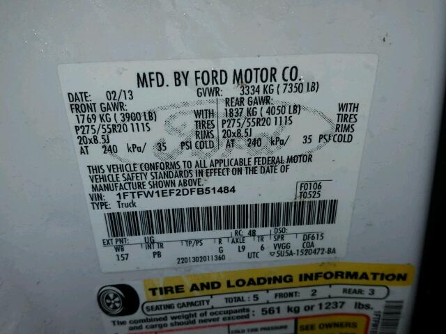 1FTFW1EF2DFB51484 - 2013 FORD F150 SUPER WHITE photo 10