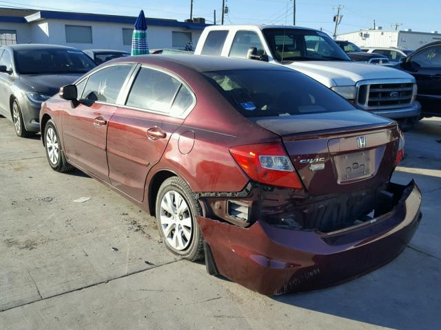 19XFB2F52CE080416 - 2012 HONDA CIVIC LX MAROON photo 3