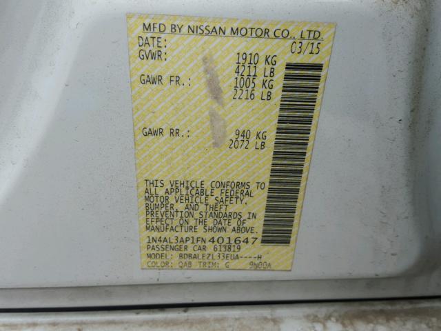 1N4AL3AP1FN401647 - 2015 NISSAN ALTIMA 2.5 WHITE photo 10