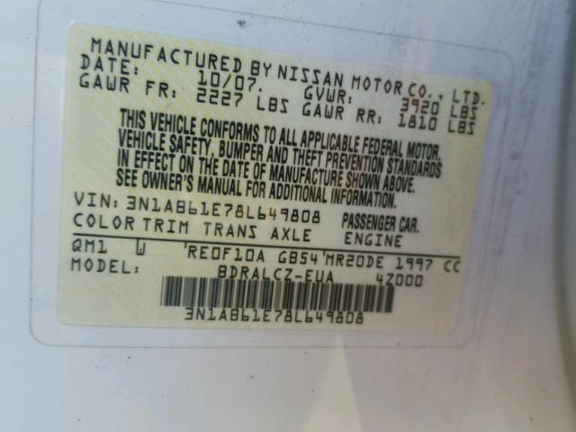 3N1AB61E78L649808 - 2008 NISSAN SENTRA 2.0 WHITE photo 10