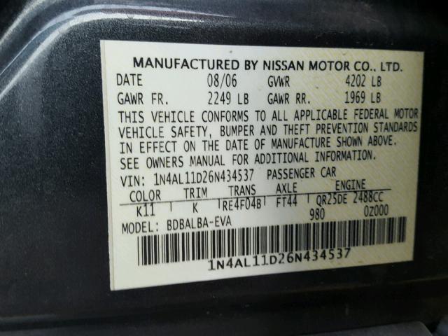 1N4AL11D26N434537 - 2006 NISSAN ALTIMA S CHARCOAL photo 10