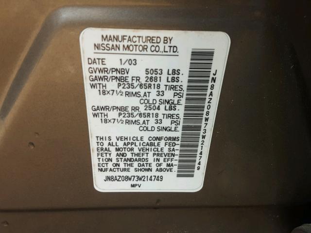 JN8AZ08W73W214749 - 2003 NISSAN MURANO SL GOLD photo 10