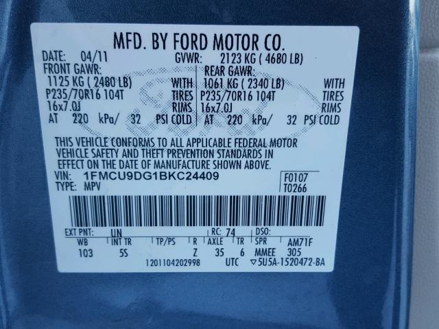 1FMCU9DG1BKC24409 - 2011 FORD ESCAPE XLT GRAY photo 10