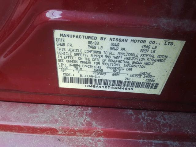 1N4BA41E74C844649 - 2004 NISSAN MAXIMA SE MAROON photo 10