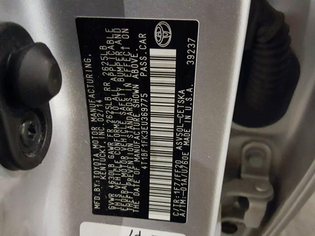 4T1BF1FK3EU369775 - 2014 TOYOTA CAMRY L SILVER photo 10