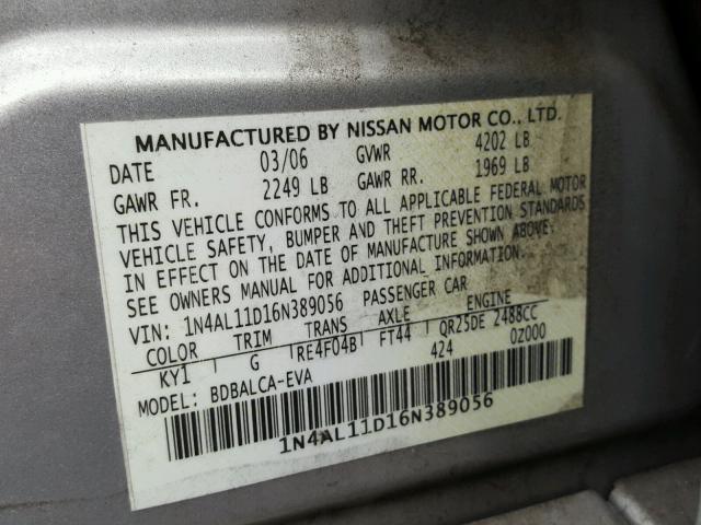 1N4AL11D16N389056 - 2006 NISSAN ALTIMA S SILVER photo 10