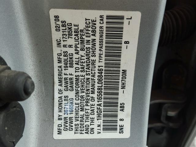 1HGFA16568L068461 - 2008 HONDA CIVIC LX SILVER photo 10