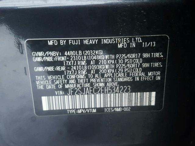 JF2SJAEC2EH534223 - 2014 SUBARU FORESTER 2 CHARCOAL photo 10