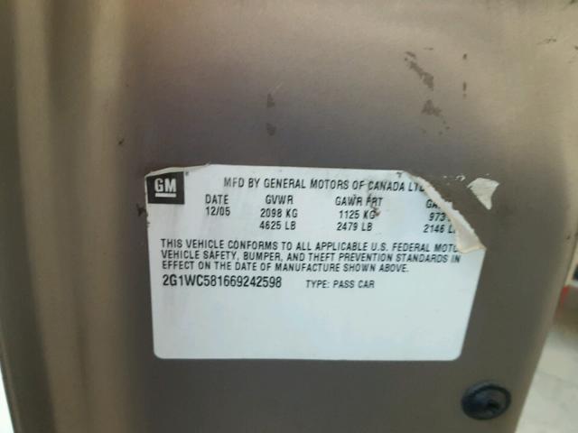 2G1WC581669242598 - 2006 CHEVROLET IMPALA LT TAN photo 10