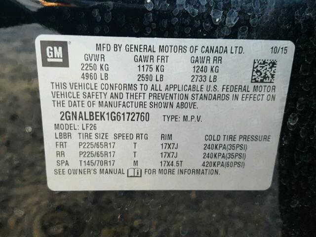 2GNALBEK1G6172760 - 2016 CHEVROLET EQUINOX LS BLACK photo 10