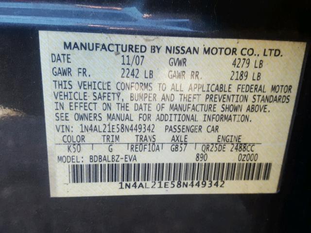 1N4AL21E58N449342 - 2008 NISSAN ALTIMA 2.5 GRAY photo 10