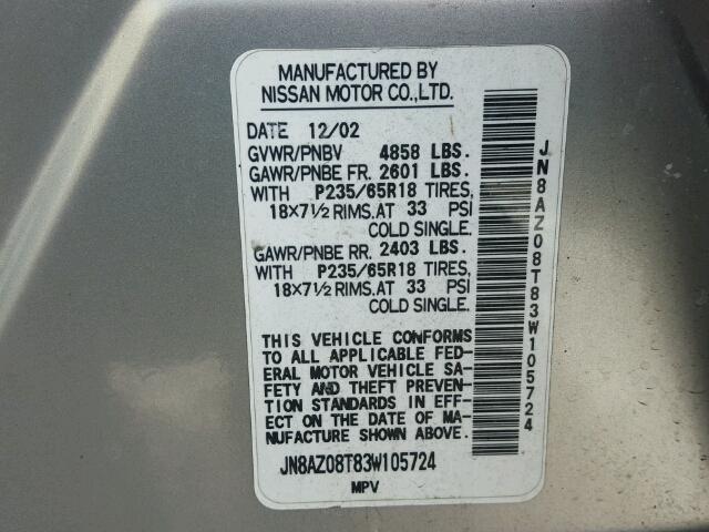 JN8AZ08T83W105724 - 2003 NISSAN MURANO SL SILVER photo 10