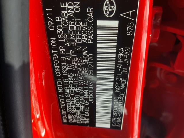 JTDKTUD31CD502170 - 2012 TOYOTA YARIS RED photo 10