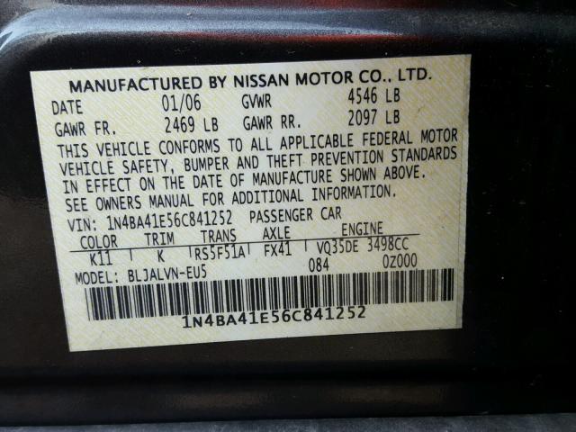 1N4BA41E56C841252 - 2006 NISSAN MAXIMA SE GRAY photo 10