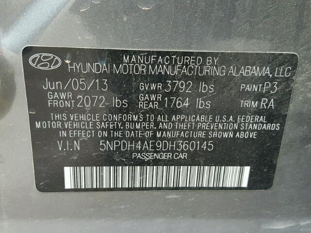 5NPDH4AE9DH360145 - 2013 HYUNDAI ELANTRA GL GRAY photo 10