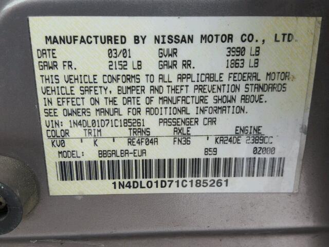 1N4DL01D71C185261 - 2001 NISSAN ALTIMA XE GOLD photo 10