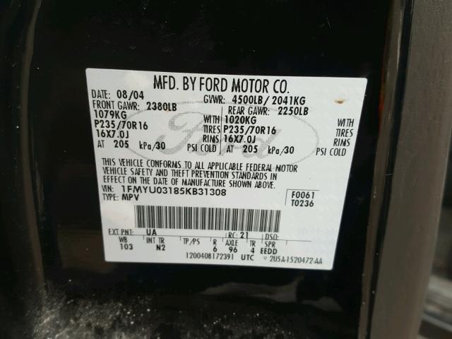 1FMYU03185KB31308 - 2005 FORD ESCAPE XLT BLACK photo 10