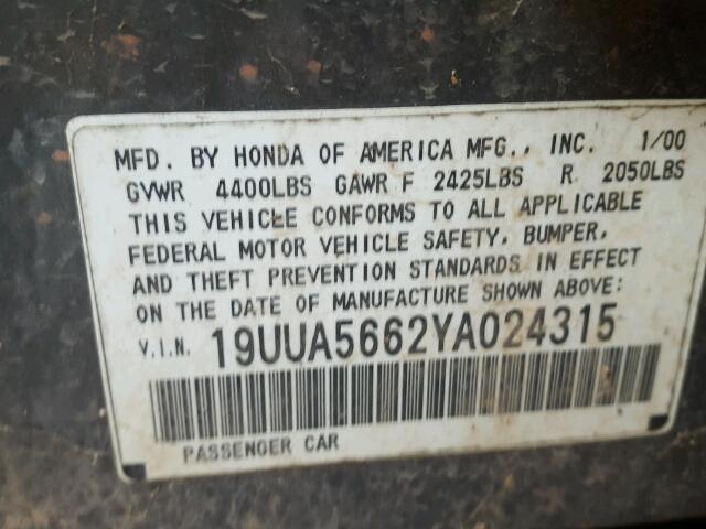 19UUA5662YA024315 - 2000 ACURA 3.2TL GRAY photo 10