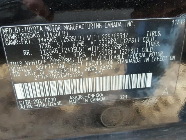 2T3ZF4DV2CW151232 - 2012 TOYOTA RAV4 BLACK photo 10