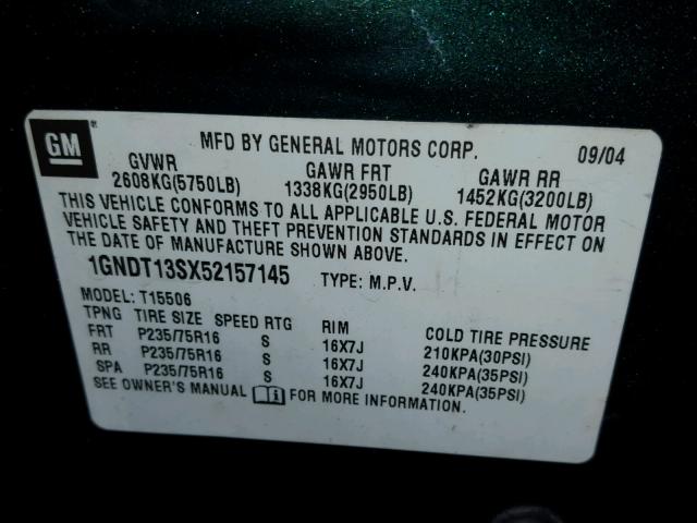 1GNDT13SX52157145 - 2005 CHEVROLET TRAILBLAZE GREEN photo 10