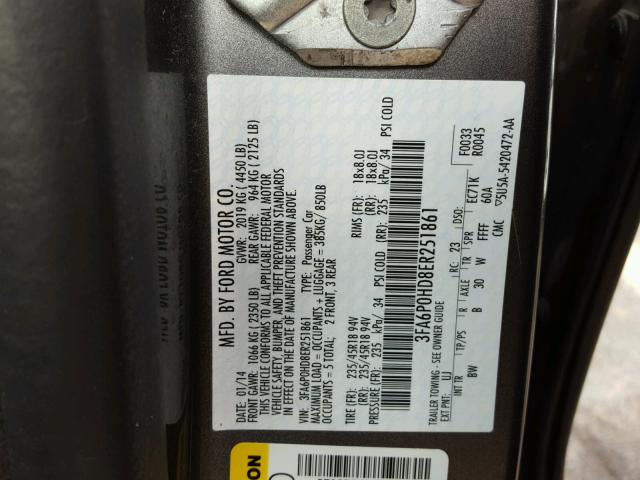 3FA6P0HD8ER251861 - 2014 FORD FUSION SE GRAY photo 10