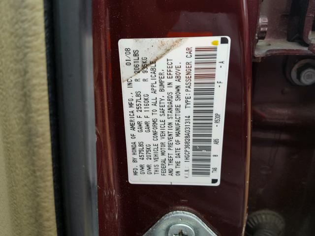 1HGCP36828A031314 - 2008 HONDA ACCORD EXL MAROON photo 10