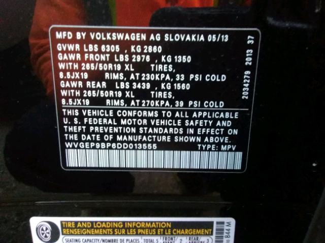WVGEP9BP6DD013555 - 2013 VOLKSWAGEN TOUAREG V6 BLACK photo 10