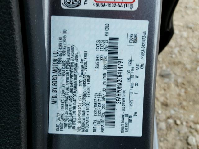 3FAHP0HA2CR414791 - 2012 FORD FUSION SE GRAY photo 10