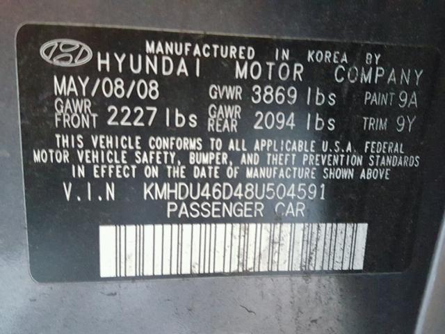 KMHDU46D48U504591 - 2008 HYUNDAI ELANTRA GL GRAY photo 10