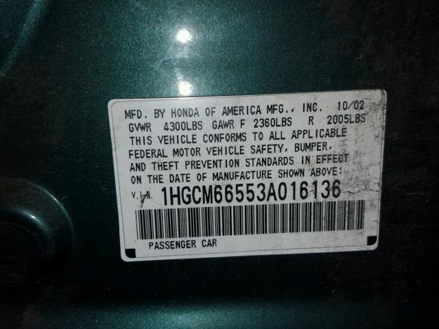 1HGCM66553A016136 - 2003 HONDA ACCORD EX TEAL photo 10