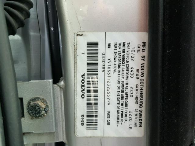 YV1RS61T232255779 - 2003 VOLVO S60 SILVER photo 10