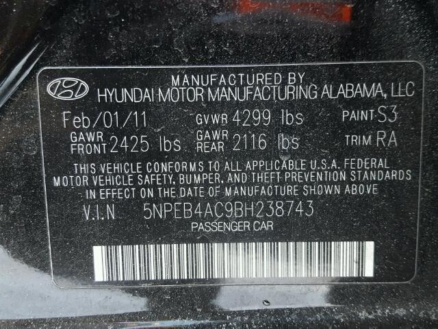 5NPEB4AC9BH238743 - 2011 HYUNDAI SONATA GLS BLACK photo 10