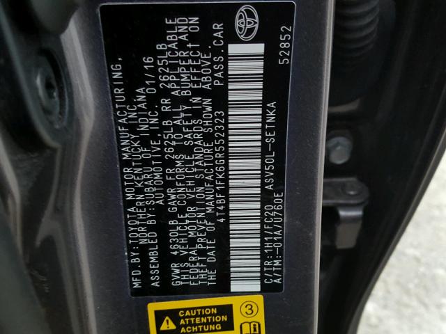 4T4BF1FK6GR552323 - 2016 TOYOTA CAMRY LE GRAY photo 10