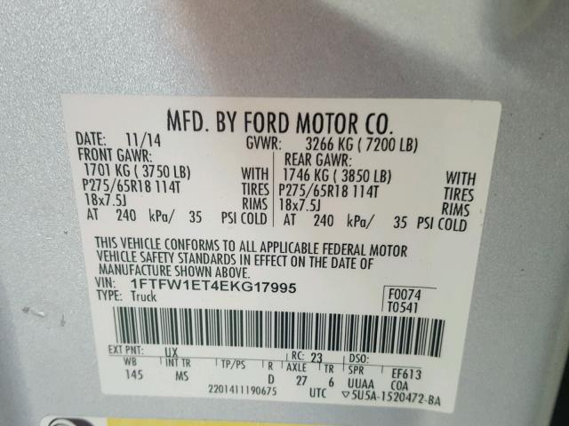 1FTFW1ET4EKG17995 - 2014 FORD F150 SUPER SILVER photo 10