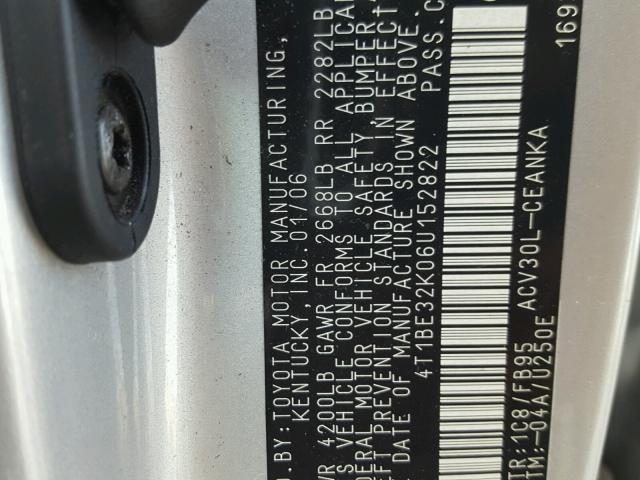 4T1BE32K06U152822 - 2006 TOYOTA CAMRY LE SILVER photo 10