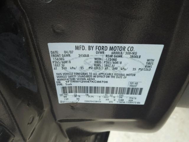 1FTRW12W47KC86706 - 2007 FORD F150 SUPER GRAY photo 10