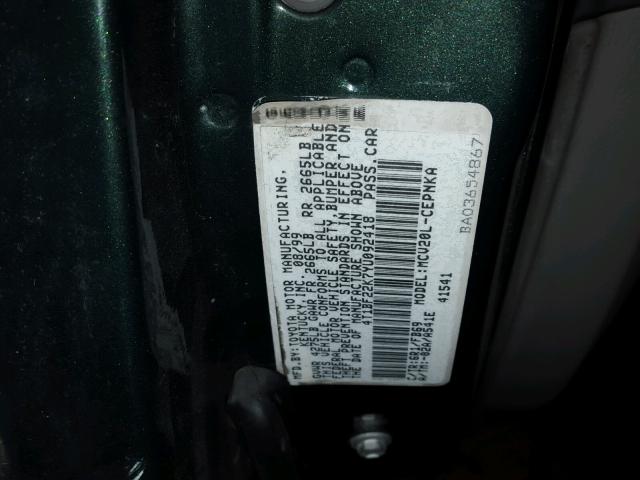 4T1BF22K7YU092418 - 2000 TOYOTA CAMRY LE მწვანე ფოტო 10