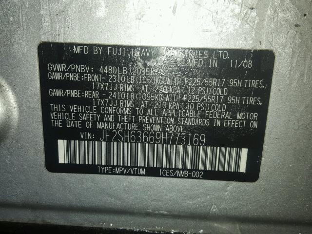 JF2SH63669H773169 - 2009 SUBARU FORESTER 2 GRAY photo 10