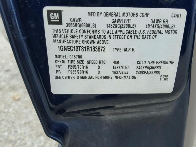 1GNEC13T81R183872 - 2001 CHEVROLET TAHOE C150 BLUE photo 10