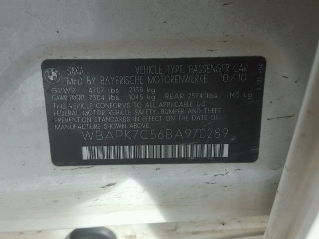 WBAPK7C56BA970289 - 2011 BMW 328 XI WHITE photo 10