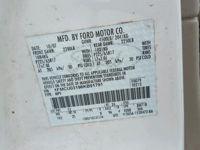 1FMCU03198KB91791 - 2008 FORD ESCAPE XLT WHITE photo 10