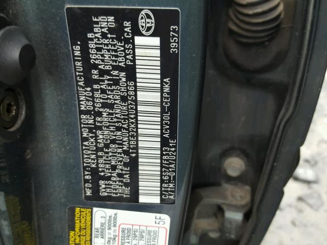 4T1BE32KX4U375866 - 2004 TOYOTA CAMRY LE GREEN photo 10