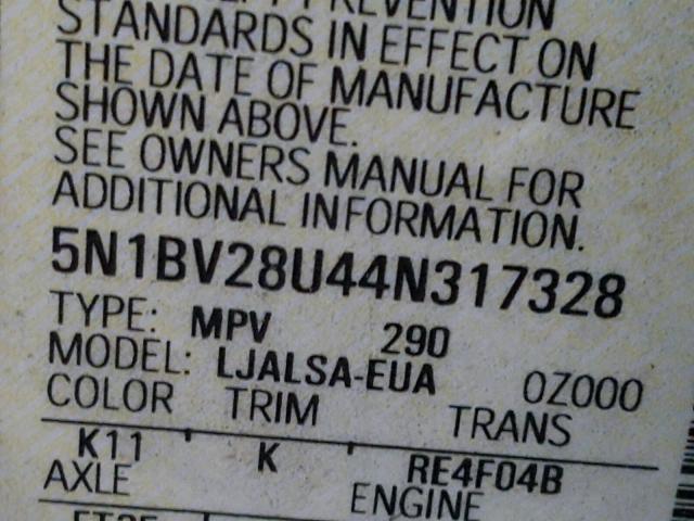 5N1BV28U44N317328 - 2004 NISSAN QUEST S GRAY photo 10