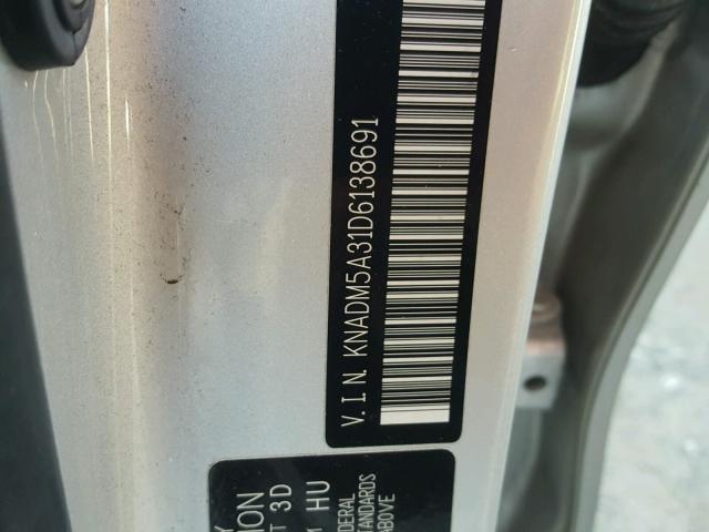 KNADM5A31D6138691 - 2013 KIA RIO LX SILVER photo 10